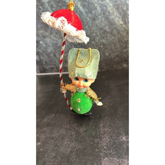 Vintage NAPCO Pixie Boy Christmas Ornament Holding Candy Cane Umbrella Green & R - Picture 3 of 10